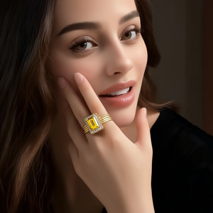 แหวนสวยหรู 316L สแตนเลสสตีล ชุบทอง PVD ประดับด้วยหินสีเหลืองและเพชร ดีไซน์สง่างามสำหรับผู้หญิง - Product Image 3
