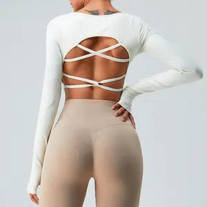 Wholesale Thumb Hole Sports Long Sleeve Seamless Yoga Gym Shirts Strappy Back Gym Workout Yoga Crop Top Women