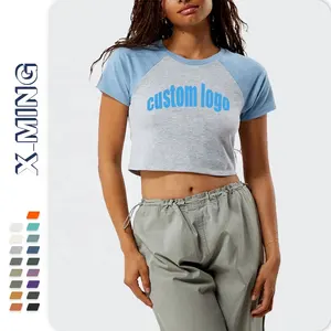 Logotipo gráfico personalizado shorts manga fit colheita t shirts algodão manga raglan cropped contraste casual das mulheres camisa bonito da senhora t