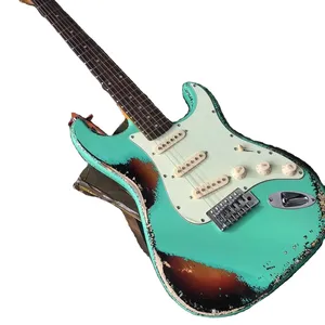 Yeşil 6-sting elektro gitar ağır Relic vintage el yapımı gülağacı klavye