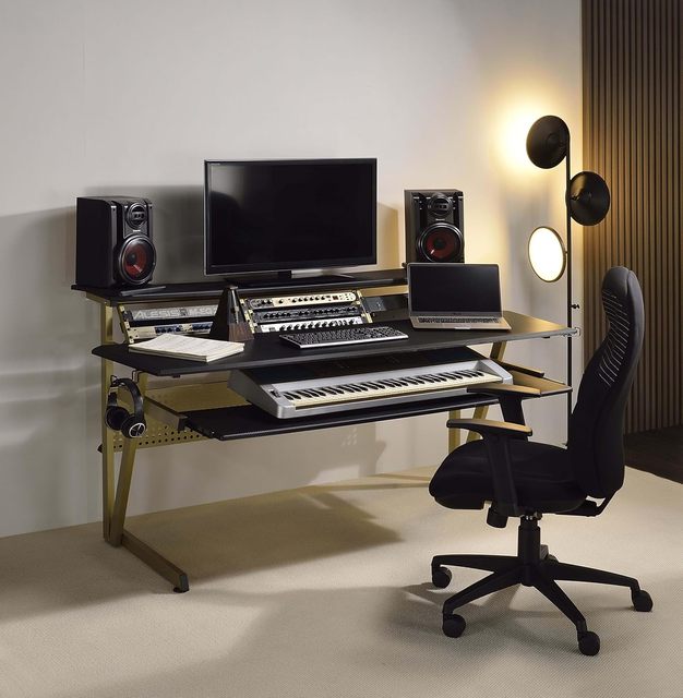 Music Recording Studio Desk with Piano Keyboard Tray, Recording Studio Workstation Table with Stands, Bottom Shelf