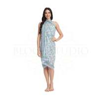 Sarung katun cetak blok tangan warna biru dan turquoise untuk wanita, penutup bikini ringan, pakaian pantai & resor musim panas
