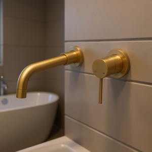 Robinet mural en laiton à poignée unique, finition or brossé, 3 trous, pour lavabo de salle de bain, design moderne - Product Image 2