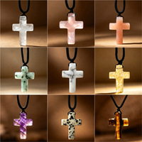 Collier en Cordon avec Pendentif Croix en Pierre Naturelle, Long, Grand, Réglable, Style Bohème, Personnalisé, pour Hommes et Femmes, Bijoux de Mode d'Été, Vente en Gros