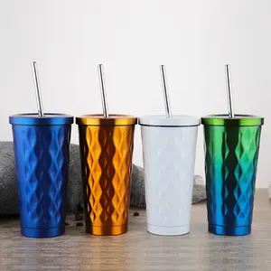 Seaygift Gelas Teh Logam Kustom Bisa Dipakai Ulang 16Oz 500Ml Mug Tumbler Dinding Ganda Cangkir Kopi Baja Tahan Karat dengan Sedotan