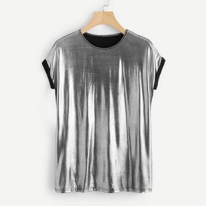 MAX APPAREL-Top brillante de fiesta para <span class=keywords><strong>mujer</strong></span>, <span class=keywords><strong>camiseta</strong></span> de manga corta metálica con cuello redondo, Top en plata - Product Image 6