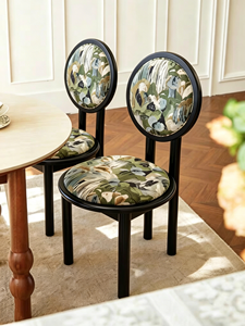 Modern Round Backrest Upholstered Dining Chair, <b>Black</b> Wood <b>Frame</b> Floral Fabric Accent Chair for Living Room Kitchen - Product Image 3