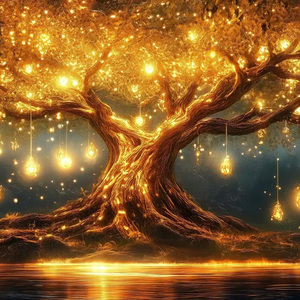 Impression sur toile d'arbre lumineux, arbre à ampoules LED fantastique, art mural texturé extra large encadré, décoration intérieure pour hôtel, maison - Product Image 2