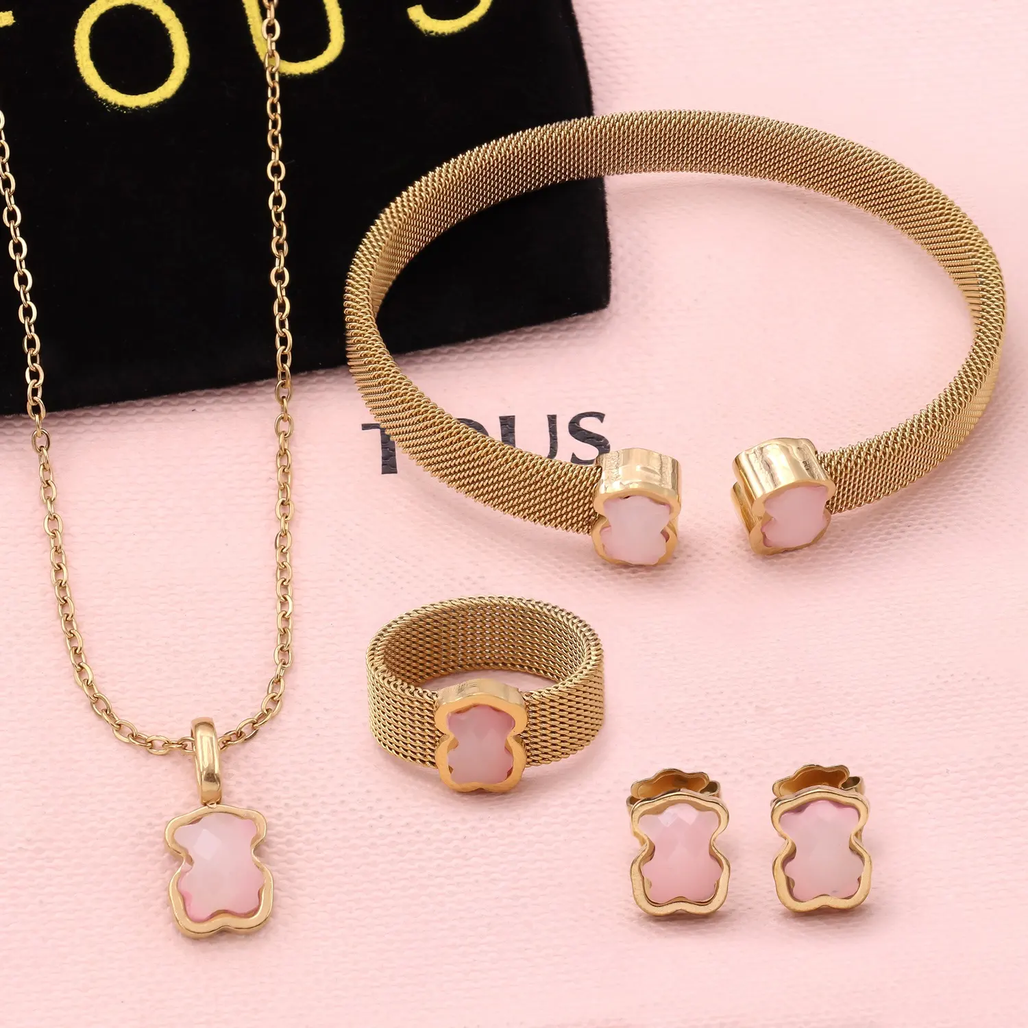 Moda chapado en oro mujer oso piedra de color acero inoxidable joyería collar pendientes pulsera anillo 4 piezas conjunto