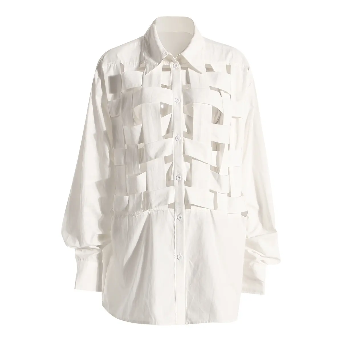OUDINA New Trendy Fashionable Polo Shirts Hollow Cotton Blouse Long Sleeve Loose Tops White Shirt Women