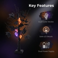 Main de squelette d'Halloween pré-éclairée, arbre artificiel avec lumière LED, alimentation par piles et USB, minuterie, pour décoration de fête à domicile, de table et de festival