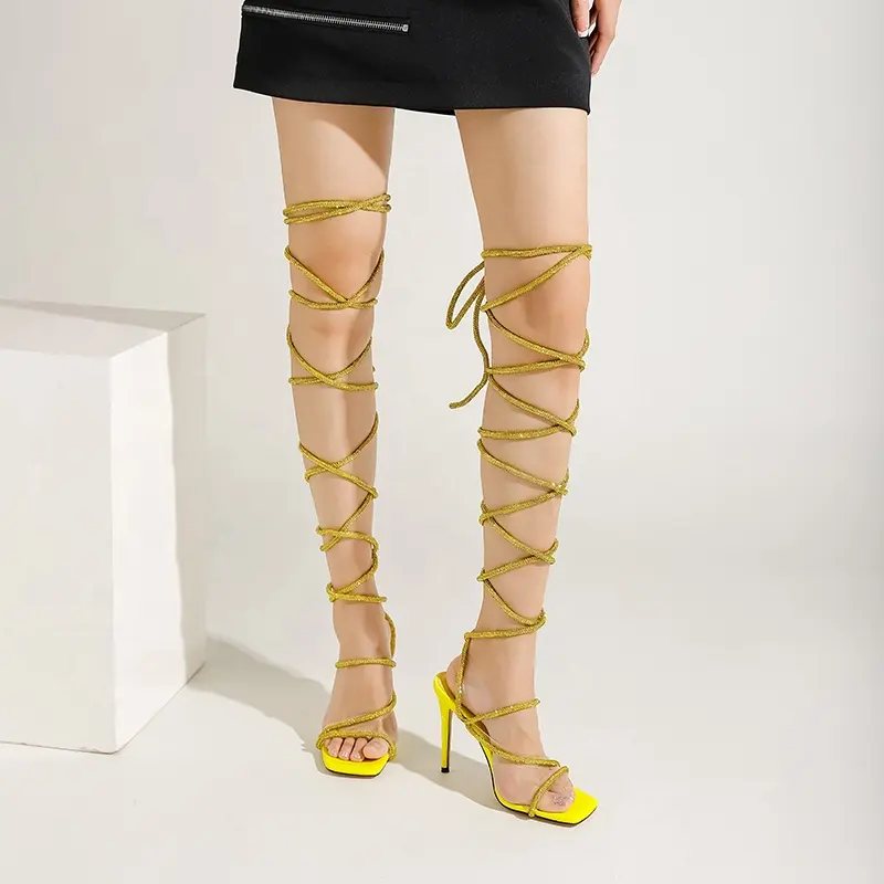 Women's Stiletto Square Toe Sandals Diamonds Rope Lace Up Cross Strap High Thin Heels Shoes Fancy Ladies Party Pumps