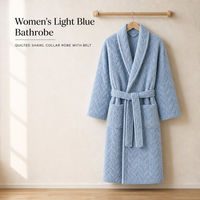 Peignoir matelassé bleu clair pour femme, col châle chevron, manches longues, avec ceinture, couleur unie, vêtement de nuit