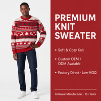 Pull en maille personnalisé avec logo pour homme, motif Fair Isle rouge, col rond, épaules tombantes, coupe longue, en polyester, idéal pour l'automne et l'hiver