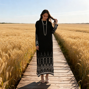 Abaya élégante plissée imprimée en polyester pour femmes musulmanes, robe modeste sur mesure, tissu Abaya du Moyen-Orient - Product Image 2