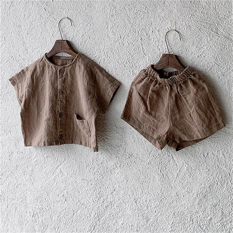 Children's fashion summer clothes new suits boys and girls retro cotton and linen shirts shorts casual two-piece set