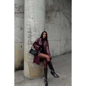 Manteau trench en tricot bordeaux pour femme avec détails boutonnés, fermeture à ceinture, imperméable, rembourré en coton, imprimé - Product Image 5