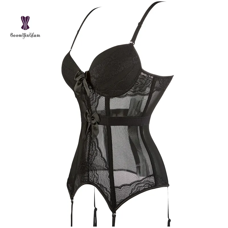 Top Qualité Femmes Vêtements De Nuit Réglable Dentelle Transparente Overbust Jarretière Sangle Corset Avec Tasse