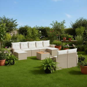 Conjunto de Sofás de Jardín de Ratán Beige, 6 Plazas, Muebles de Exterior con Almacenamiento, Diseño Contemporáneo - Product Image 2