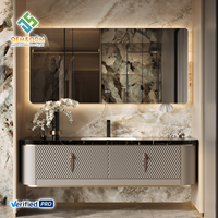 Meuble de salle de bain mural en bois massif de style français moderne OEM, coiffeuse avec miroir LED cuivre et argent, bar domestique écologique