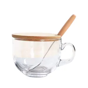 Manufacturer wholesale breakfast cup clear glass milk cereal cup with wooden lid and spoon 470ml