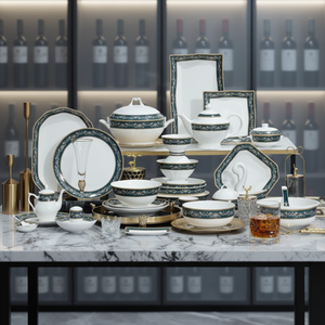 50-Piece American Style Scenic Lightweight Durable Luxury Bone China <b>Dinnerware</b> Set with Royal Blue & Gold Trim Freezer Safe - Product Image 1