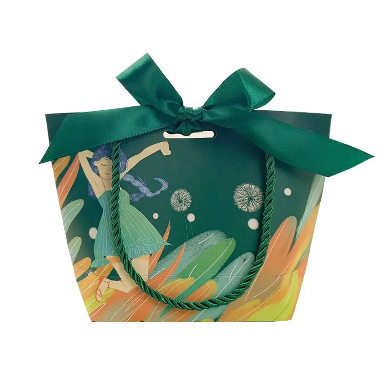 Özelleştirilmiş limon yeşil baskılı tekne şeklinde hediye keseleri kozmetik promosyon reklam ambalajlama için kağıt torbalar yay dekorasyon ile