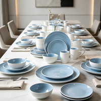 Ensemble de 16 pièces en grès céramique bleu rond, assiettes et bols, compatible lave-vaisselle et micro-ondes, vente en gros Chine