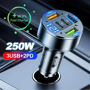 250W 5 พอร์ตที่ชาร์จแบตในรถชาร์จเร็ว PD QC3.0 USB C อะแดปเตอร์ชาร์จโทรศัพท์ในรถยนต์พร้อมแรงดันไฟฟ้าสำหรับไอโฟน ซัมซุง หัวเว่ย เสี่ยวมี่ - Product Image 1
