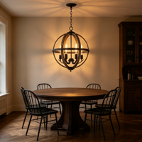 Lustre Globe Noir Effet Bois avec Anneau Lumineux Style Ferme et Ampoules Chandelles pour Salon, Salle à Manger, Chambre