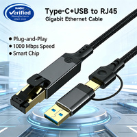 Kabel Ethernet Gigabit RJ45 2 in 1 USB C dan USB A 1000Mbps, Adaptor Jaringan LAN Terjalin untuk Laptop, Tablet, dan PC