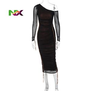 Vestido de Fiesta Ecológico Lavable, Moda de Verano, para Festival o Club, de Malla, con Cuello <span class=keywords><strong>Diagonal</strong></span>, Manga Larga, Drapeado, Sexy, para el Día - Product Image 1