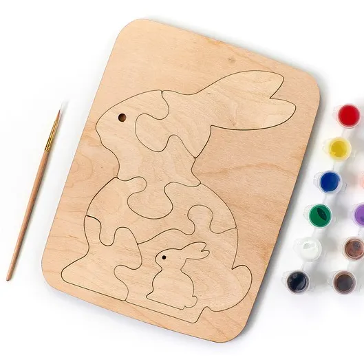 Rompecabezas de madera para niños, kit de pintura DIY de conejo de pascua, cesta de Pascua, embutidor, kits artesanales