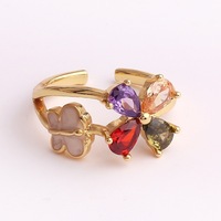 Assortiment de bagues ajustables en zircon cristal multicolores style fée vintage, plaqué or, bijoux fantaisie fleur et papillon