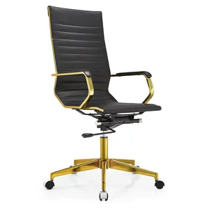 Silla giratoria ejecutiva de cuero con marco dorado y espalda alta, sillón de oficina con marco de Metal y brazos