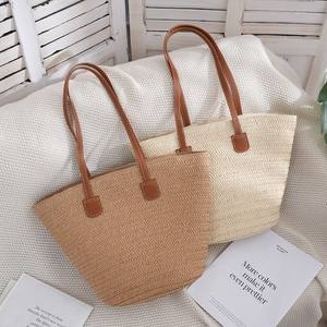 Sac fourre-tout en papier tressé, forme trapèze, couleur unie, en paille, sac de plage pour femme, fermeture ouverte, pochette pour téléphone - Product Image 1