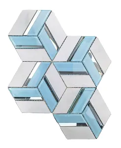 Blauwe Kleur Kristalglas Mix Marmeren Waaiervorm Zeshoekige Vorm Populair Ontwerp Mozaïek Tegel