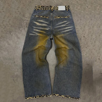 Jeans larges pour hommes à imprimé léopard, personnalisés OEM, de haute qualité, avec empiècements, délavage vintage, effet usé et déchiré, style streetwear