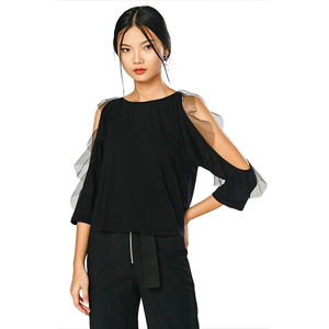 Blusa sin mangas con decoración de encaje y cuello redondo tejido informal de otoño para mujer 100% algodón hecho en Vietnam - Product Image 1