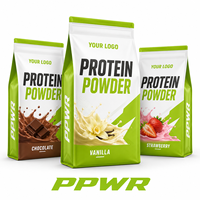 Sachet d'emballage personnalisé pour poudre protéinée PPWR avec votre logo, pochette à fond plat blanc et vert pour une nutrition sportive saine