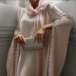 Рамадан скромный розовый Ид роскошное модное женское платье с вышивкой и бусинами комплект из Абайи