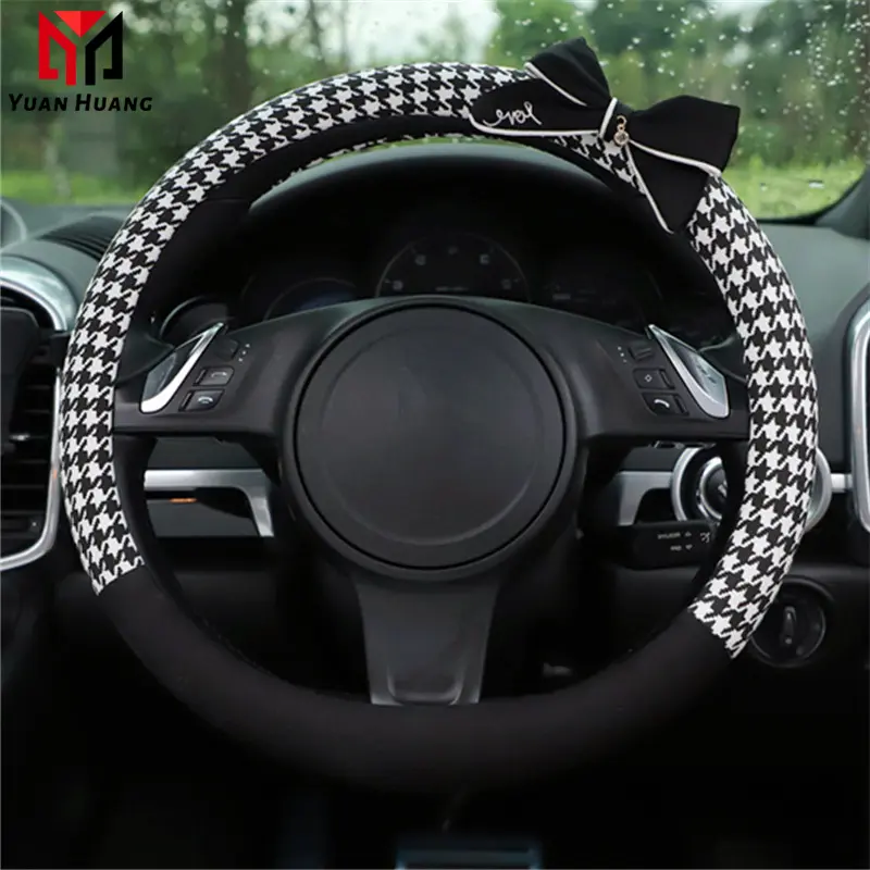 Houndstooth Cotton Handlebar Steering Wheel Cover Car Steering Covers Universal 38cm For Women Safety Belt Bow Shoulder Sleeve