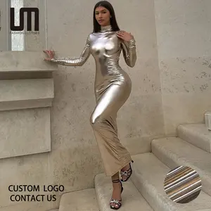 Liu Ming New Arrivals 2024 Trending Mulheres Backless Turtleneck PU Falso Couro Sexy Festa Natal Bodycon Longo Vestido Lápis