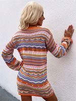 M0578 Rajutan Wanita Kerah Bulat Motif Garis Pelangi Model Panjang Sedang Sweater Wanita Lengan Panjang Gaun Rajutan
