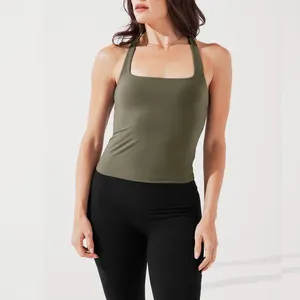 2024 kustom T Back kaus olahraga tanpa lengan Halter leher persegi kompresi latihan Audrey Tank top dengan bantalan yang dapat dilepas