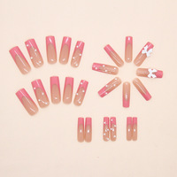 Faux Ongles Réutilisables en Gros, Fleurs Diamant Flash 3D, Rose Français, Papillon Blanc, Style Euro-Américain, Super Longs à Coller