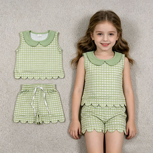 Vêtements pour enfants RTS Boutique, ensembles décontractés à carreaux mignons pour sœurs, avec bordure festonnée, vêtements pour filles, vente en gros, vêtements d'été pour bébés - Product Image 1