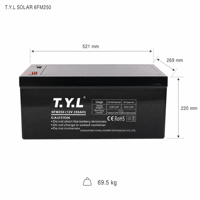 Batterie Gel 12V 250Ah, batterie au plomb scellée sans entretien, à décharge profonde, rechargeable pour UPS et stockage d'énergie solaire