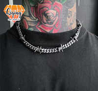 Collier ras du cou en acier inoxydable à maillons cubains style fil barbelé, chaîne épingle punk hip-hop pour hommes et femmes