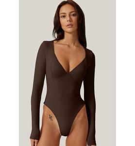 AMZNセクシーなディープVネックボディスーツひも付きボトムシームレスカップゴーイングアウトトップシャツ女性用長袖ボディスーツ - Product Image 1